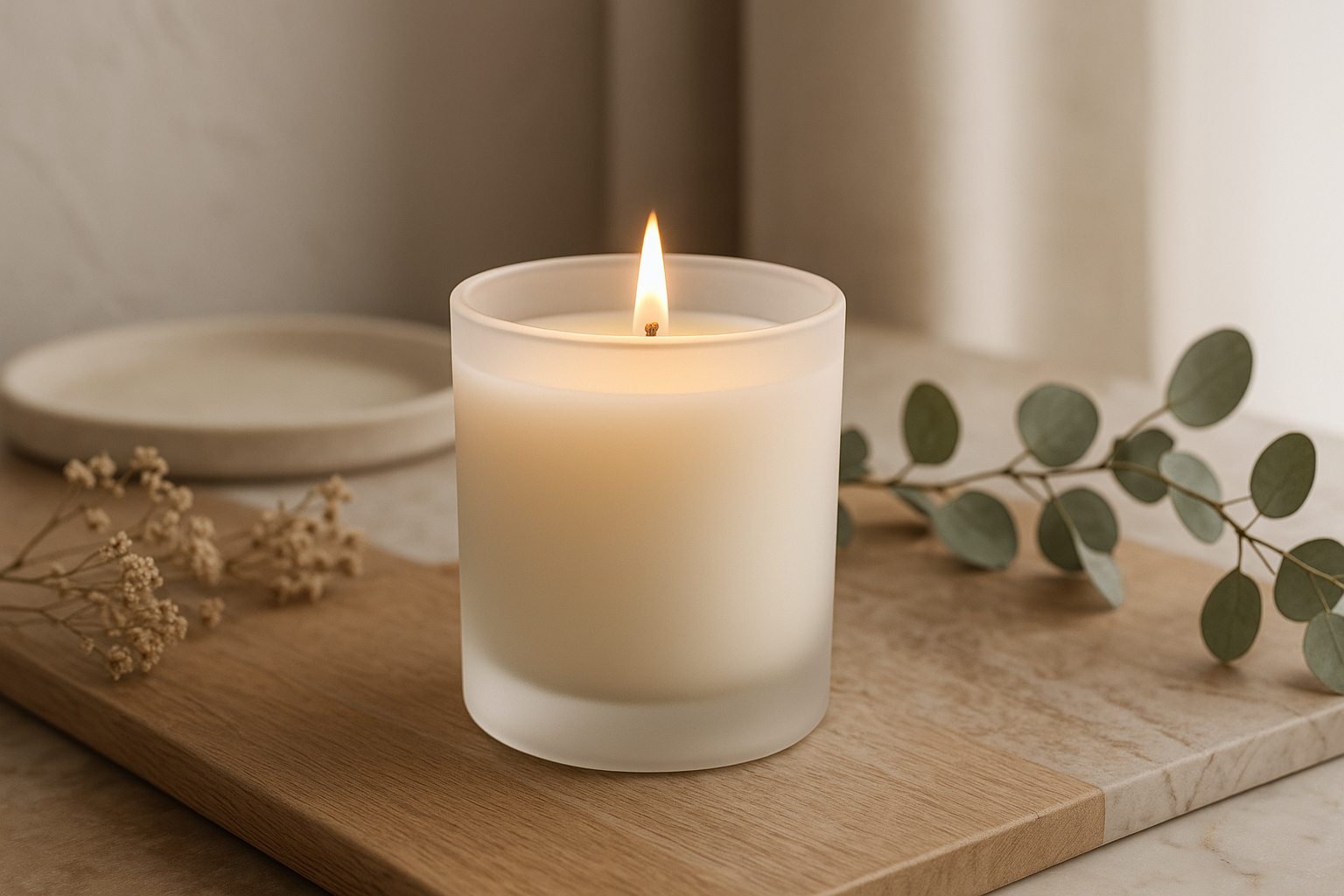 Lifestyle image of a premium candle in a frosted white glass jar